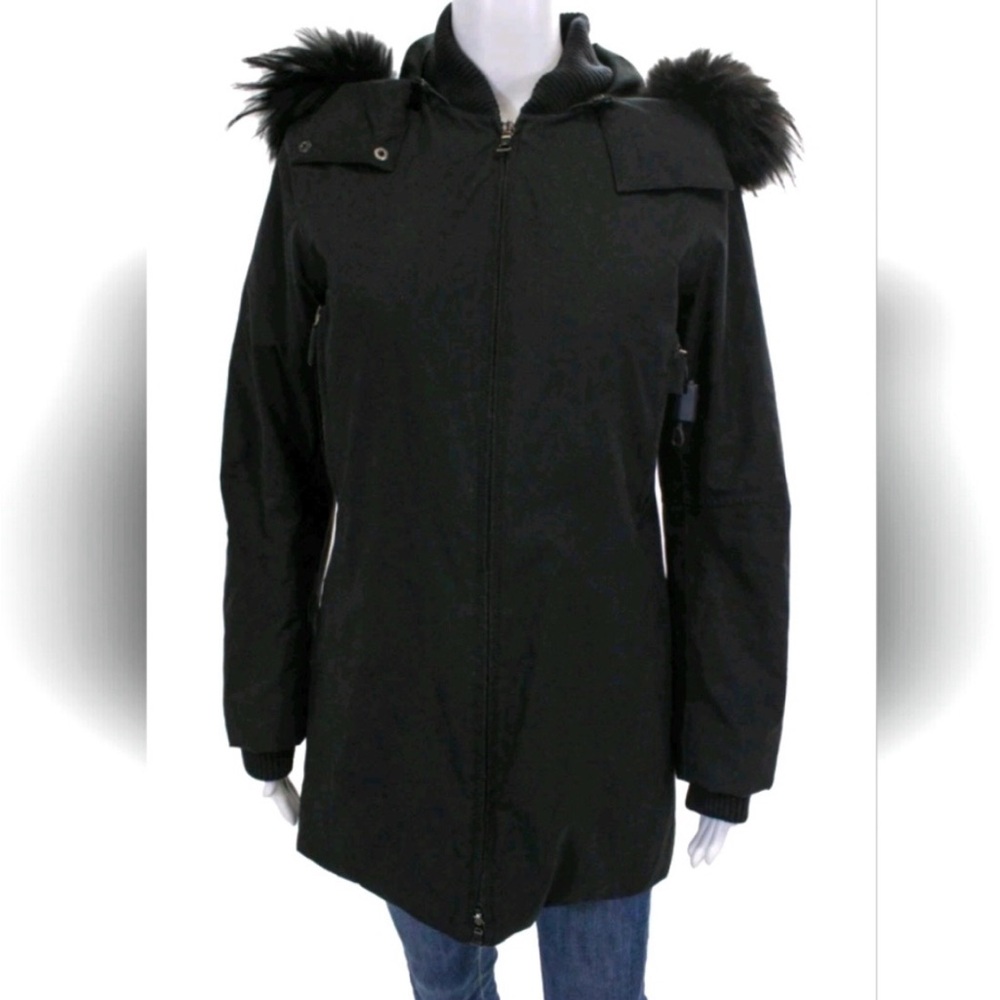 Prada Black Trench Coat with Faux Fur Hood Trim